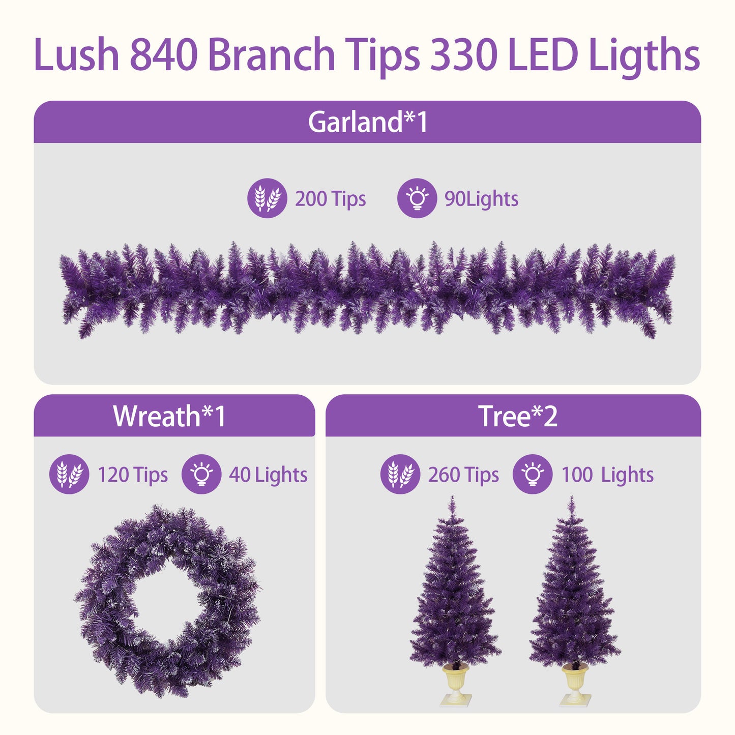 Pre-lit Christmas Artificial Tree 4-Piece Set, Garland, Wreath and Set of 2 Entrance Trees, X-mas with LED Lights, Purple