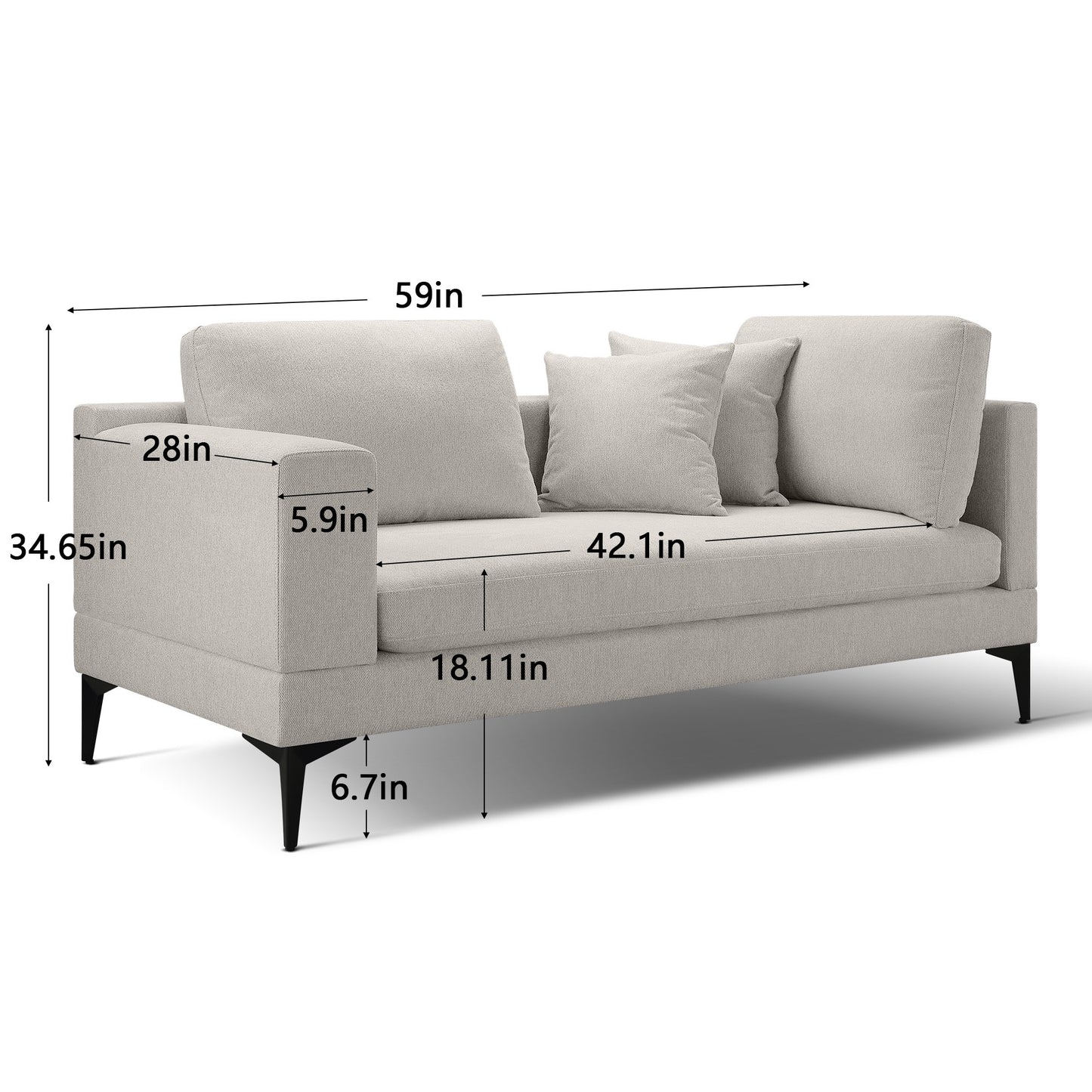 Champagne Luxury Modern 2 Seater Couch Reversible Arms + Metal Leg Accents + 2 Accent Pillows