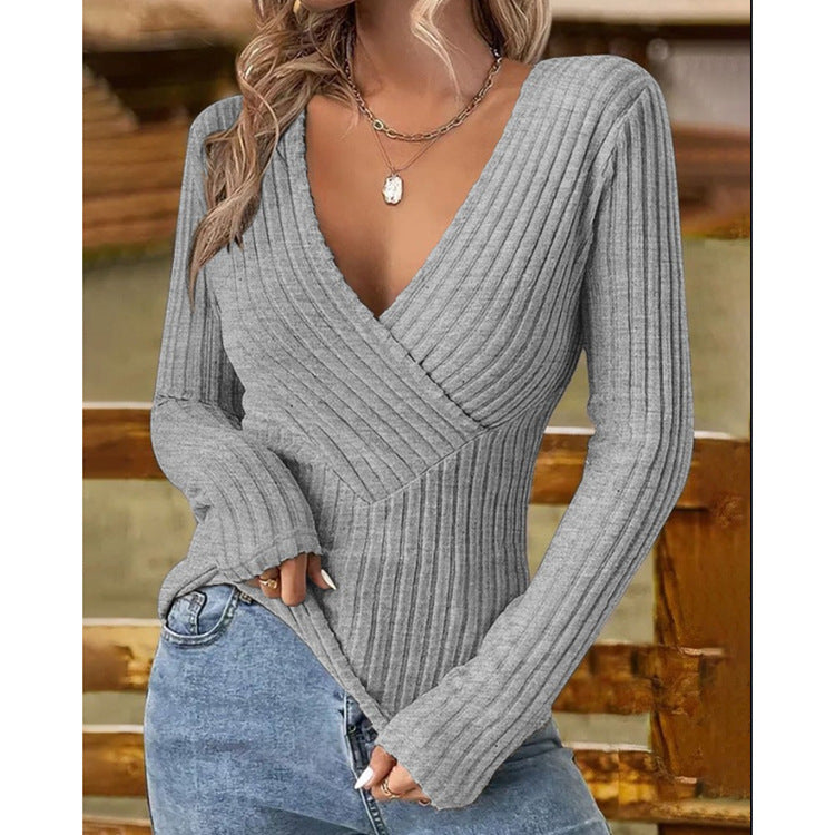 Ribbed Knit V-neck Long-sleeve Sweater