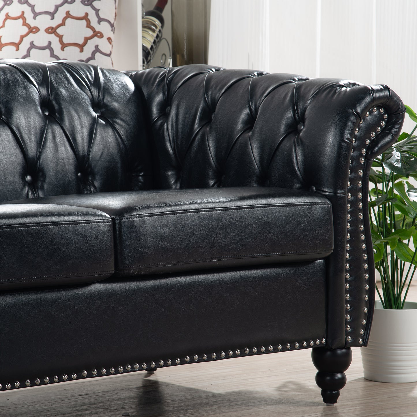 Black Leather Tufted Sofa with Nail Head Trim 84.65"
