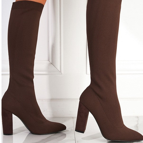 Botas tipo calcetín de tacón grueso y tejido elástico (rojo, negro, marrón)