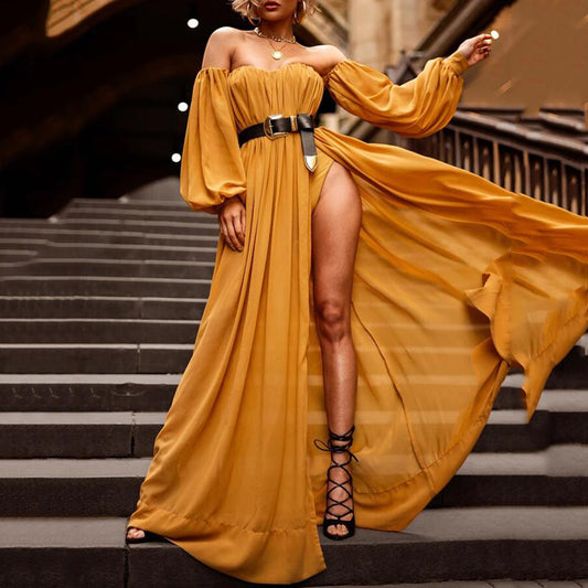 Vestido de gasa amarillo dorado sin mangas a la moda para mujer