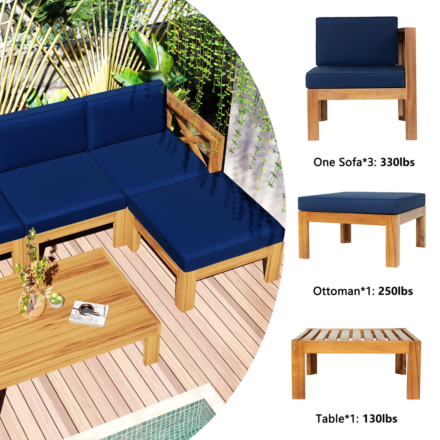 5-Piece Wood Outdoor Sectional Sofa Patio Set with Blue Cushions