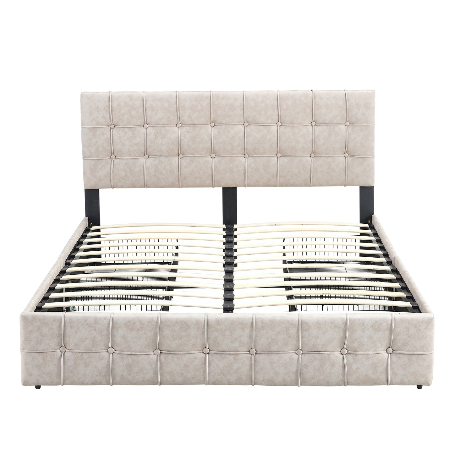 Beige Full Size Upholstered Platform Bed Frame with Adjustable Headboard and 4 Drawers Storage