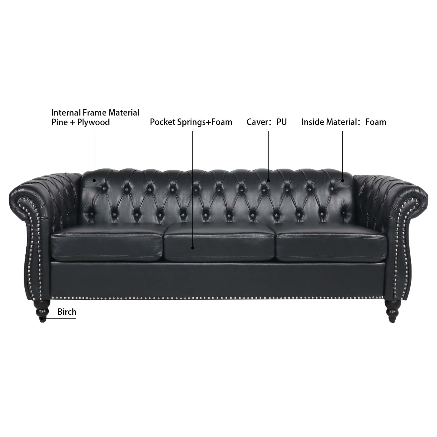 Black Leather Tufted Sofa with Nail Head Trim 84.65"