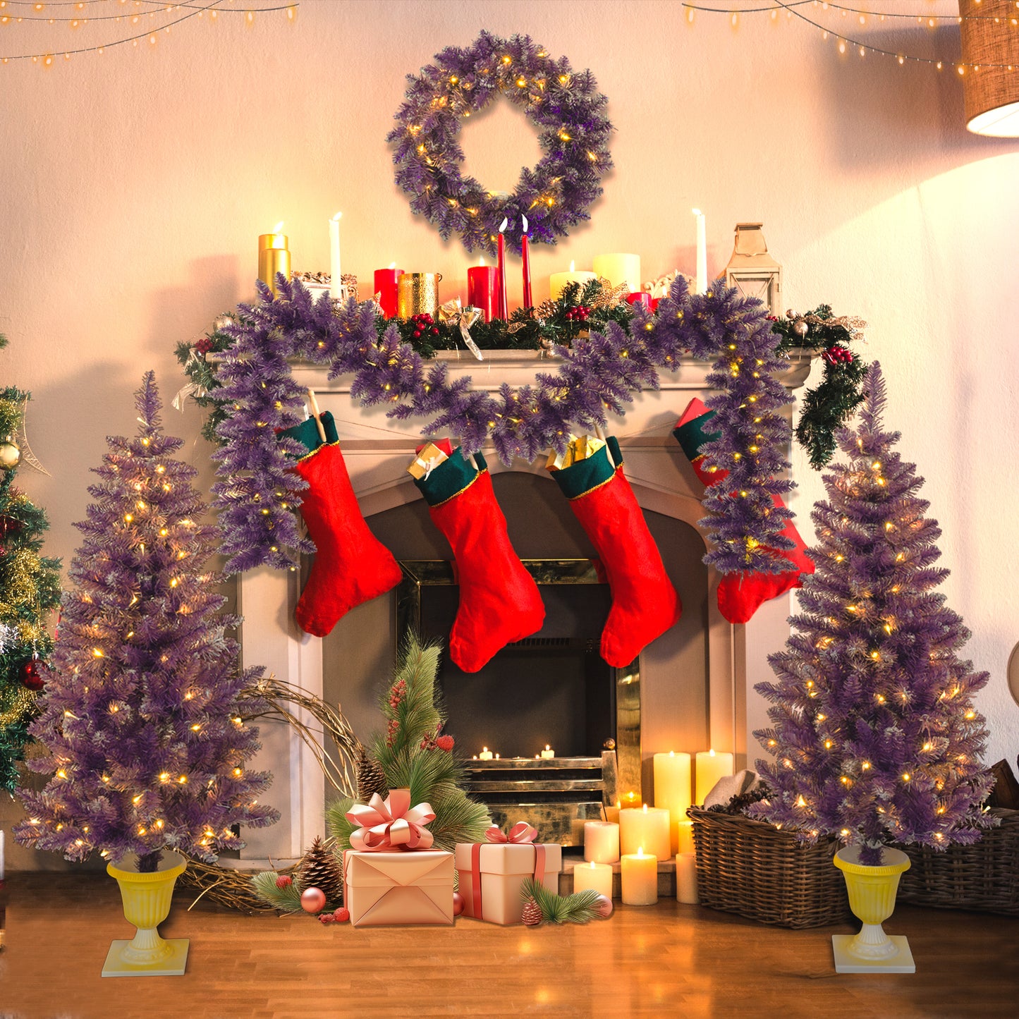 Pre-lit Christmas Artificial Tree 4-Piece Set, Garland, Wreath and Set of 2 Entrance Trees, X-mas with LED Lights, Purple