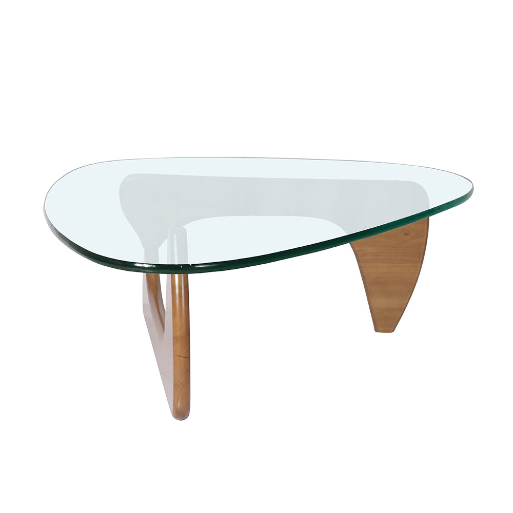 Giovanni Glass Top Light Walnut Wood Triangle Base Coffee Table