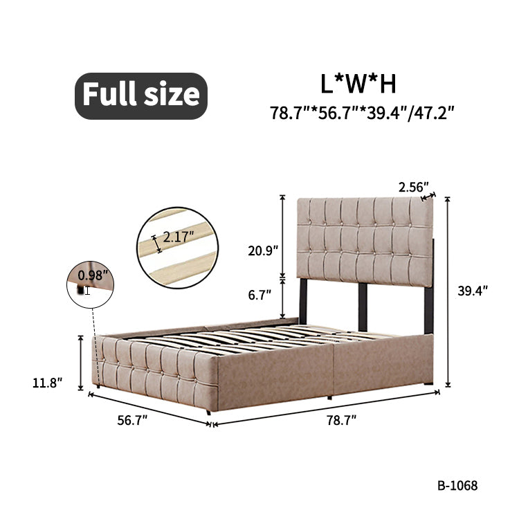 Beige Full Size Upholstered Platform Bed Frame with Adjustable Headboard and 4 Drawers Storage