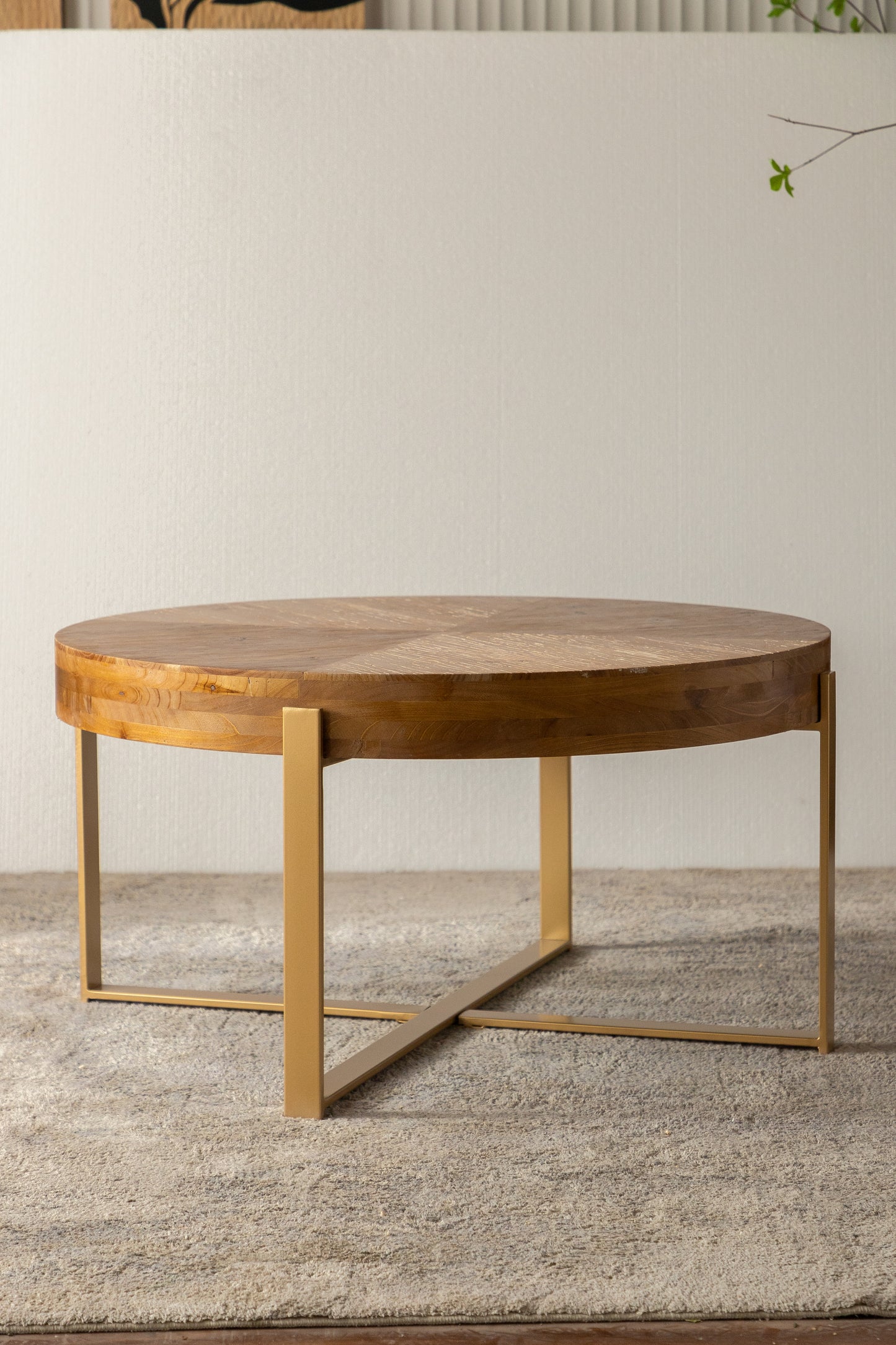 33.86" Fir Wood & Gold Cross Legs Base Round Coffee Table