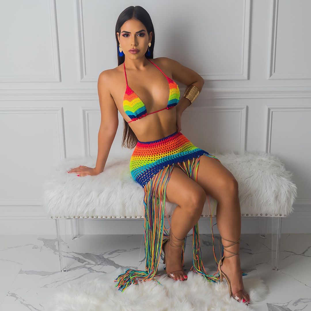 Sexy 2 Piece Rainbow Crochet Long Tassel Skirt Set