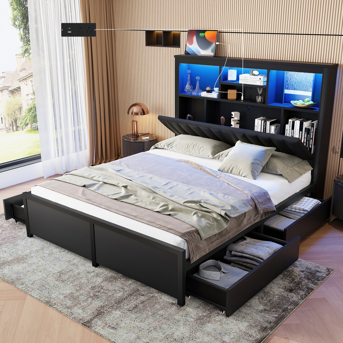 King Bed Frame with High Storage Headboard, Bed Frame with LED light and Charging Station , 4 Storage Drawers , No Box Spring Needed/Noise Free/All-Metal Support, Black