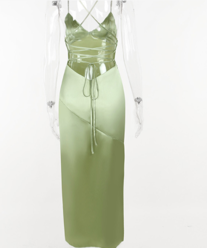 Green Satin Strap Back Long Slit Dress