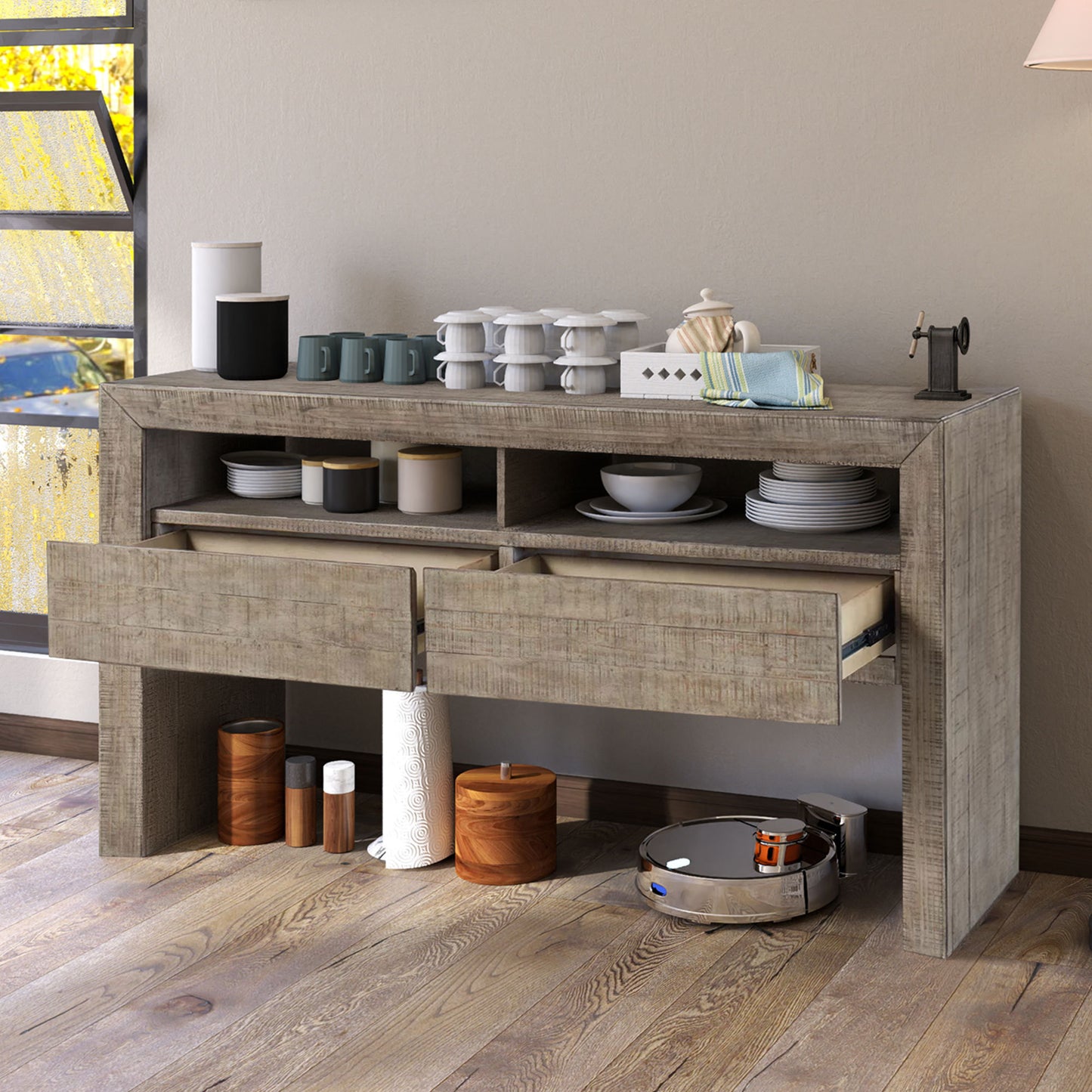 Farmhouse Buffet Storage Cabinet (62*18.8*33.5inch), Sideboard with 2 Drawers and 2 Open Storage Console - Grey