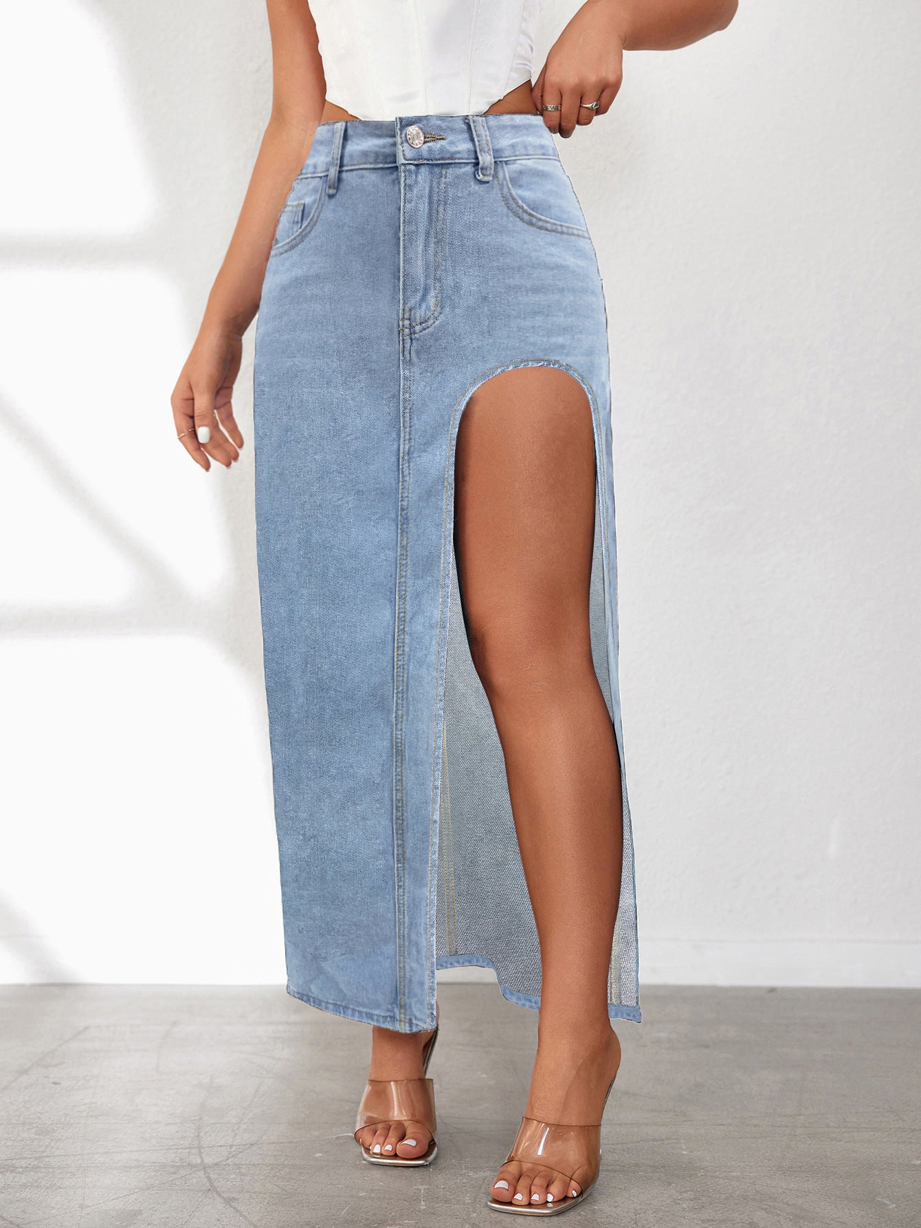 High Slit Women's Washed  Denim Skirt (5 Colors)