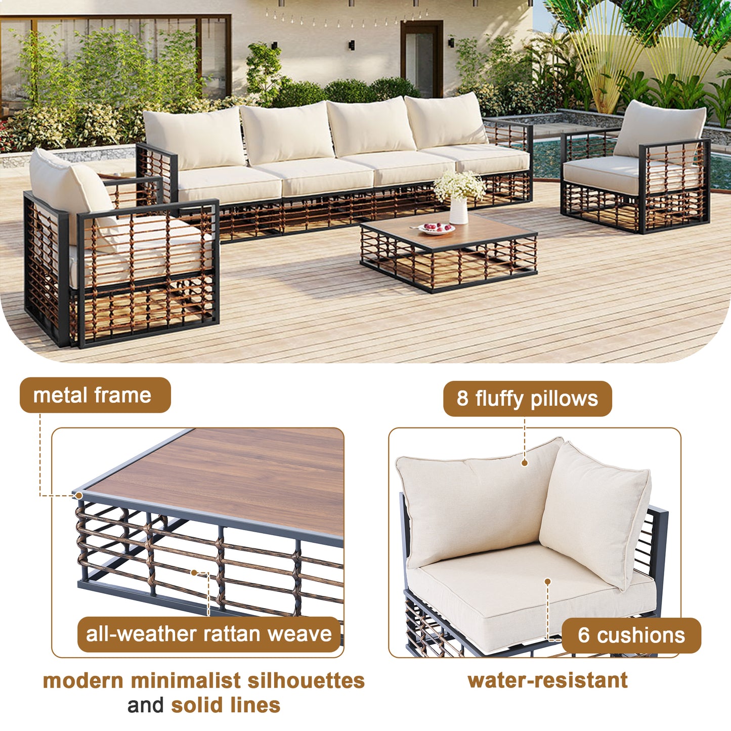 Modern Rattan 7-Piece Modular Patio Sofa Set