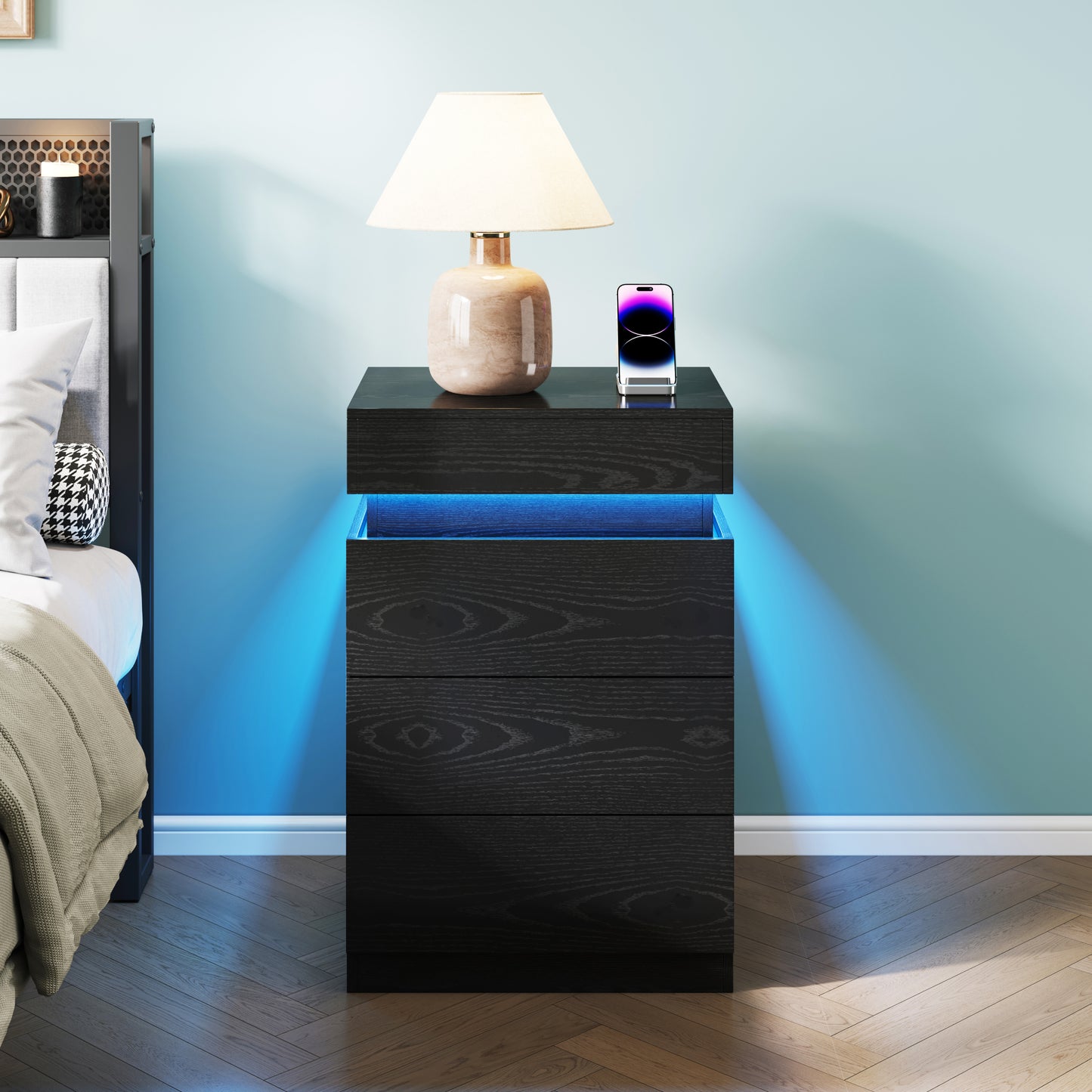 Nightstand with Built-In Charging Station and LED Lighting, 3-Drawer Sliding-Top Modern Bedside Table, Black Wooden End Table