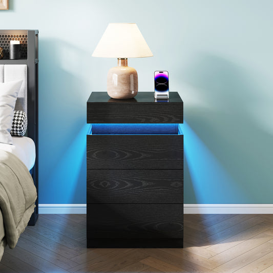 Nightstand with Built-In Charging Station and LED Lighting, 3-Drawer Sliding-Top Modern Bedside Table, Black Wooden End Table