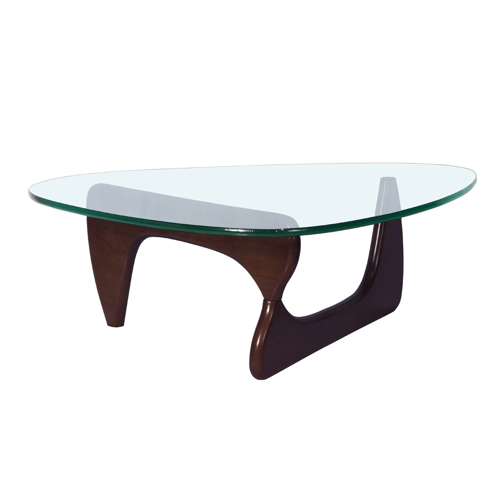Giovanni Glass Top Dark Walnut Wood Triangle Base Coffee Table