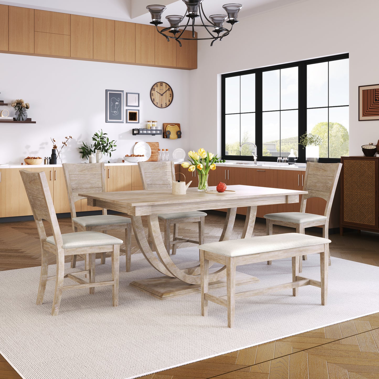 TOPMAX 6-Piece Wood Half Round Dining Table Set Kitchen Table Set with Long Bench and 4 Dining Chairs, Modern Style, Natural