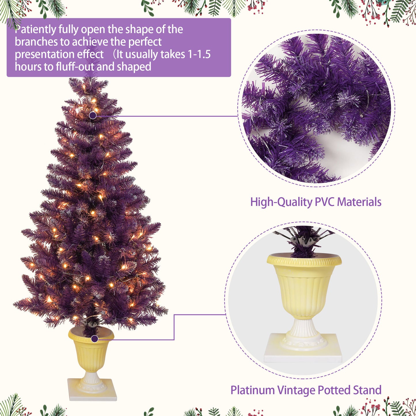 Pre-lit Christmas Artificial Tree 4-Piece Set, Garland, Wreath and Set of 2 Entrance Trees, X-mas with LED Lights, Purple