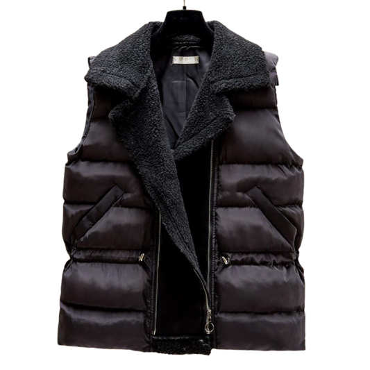 Sherpa and Puff Vest with Adjustable Cinch Waist & Pockets