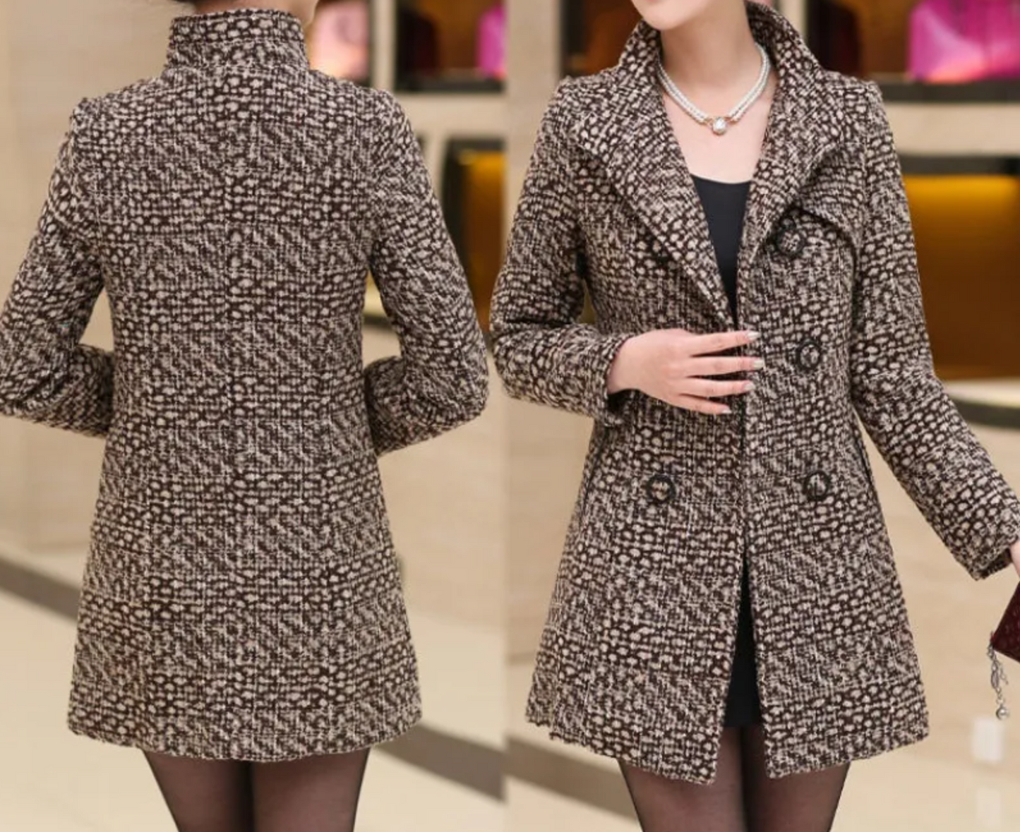 Zweireihiger Mantel aus Tweed mit Revers