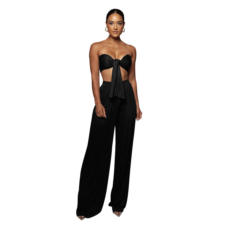 Tied Tube Top Mid-Waist Wide-Leg Pant Two-piece Set