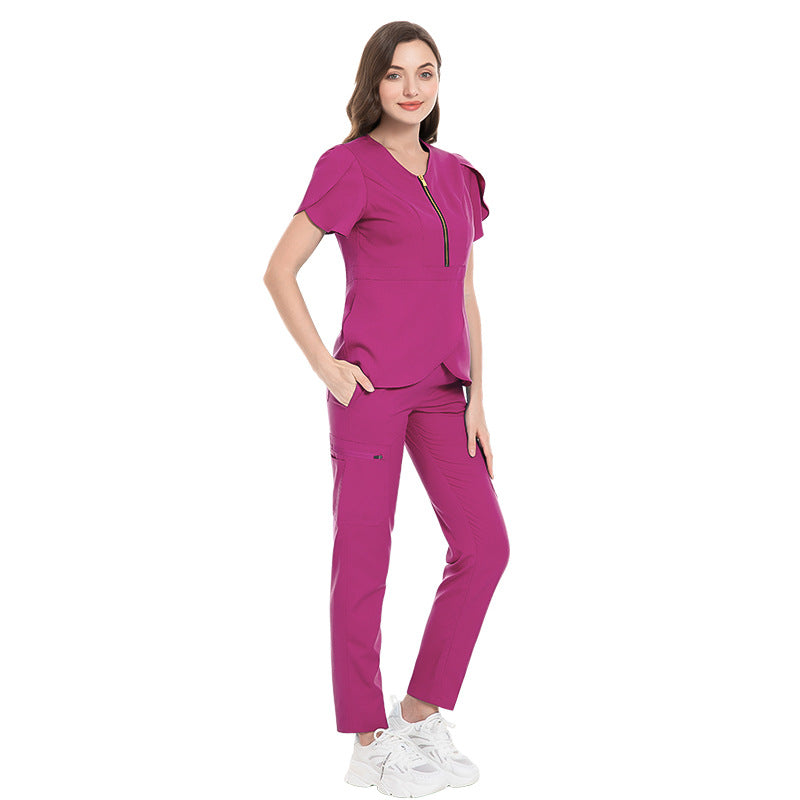 Uniforme médico con mangas de pétalos de rosa y cremallera para mujer