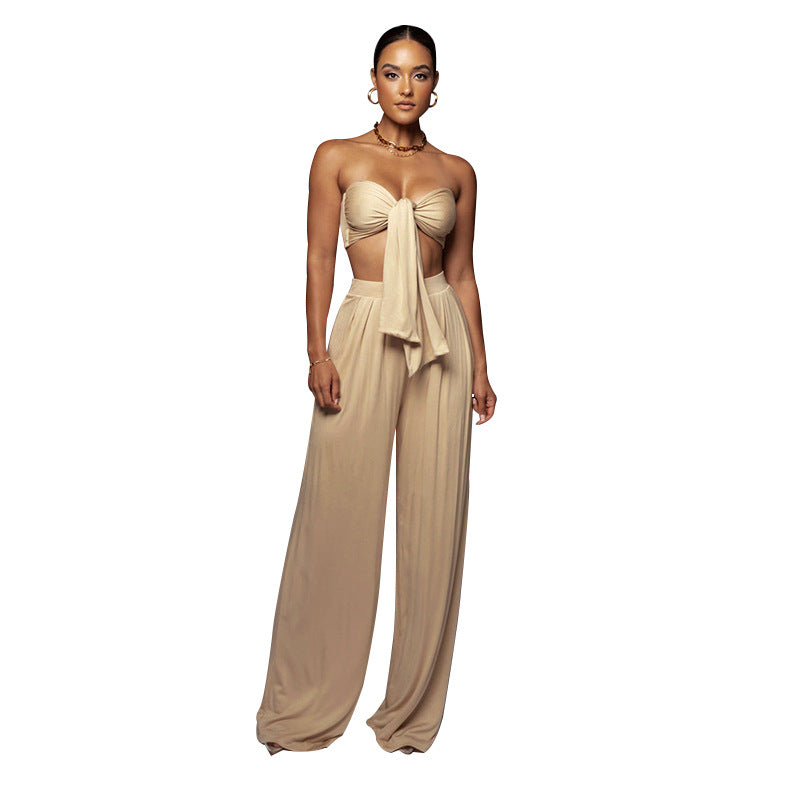Tied Tube Top Mid-Waist Wide-Leg Pant Two-piece Set