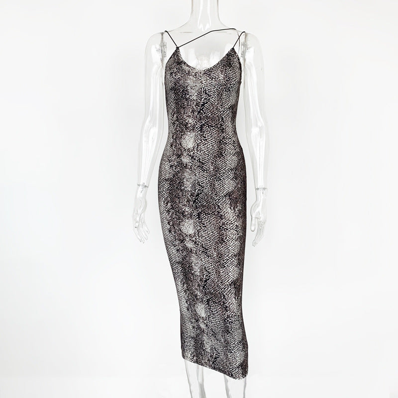 Leopard/Snake Print Asymmetrical Shoulder Strap Dress (2 Colors)