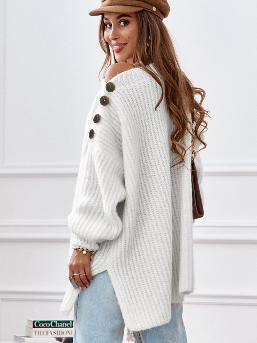 Gray Off-The Shoulder Button Detail Oversized Sweater