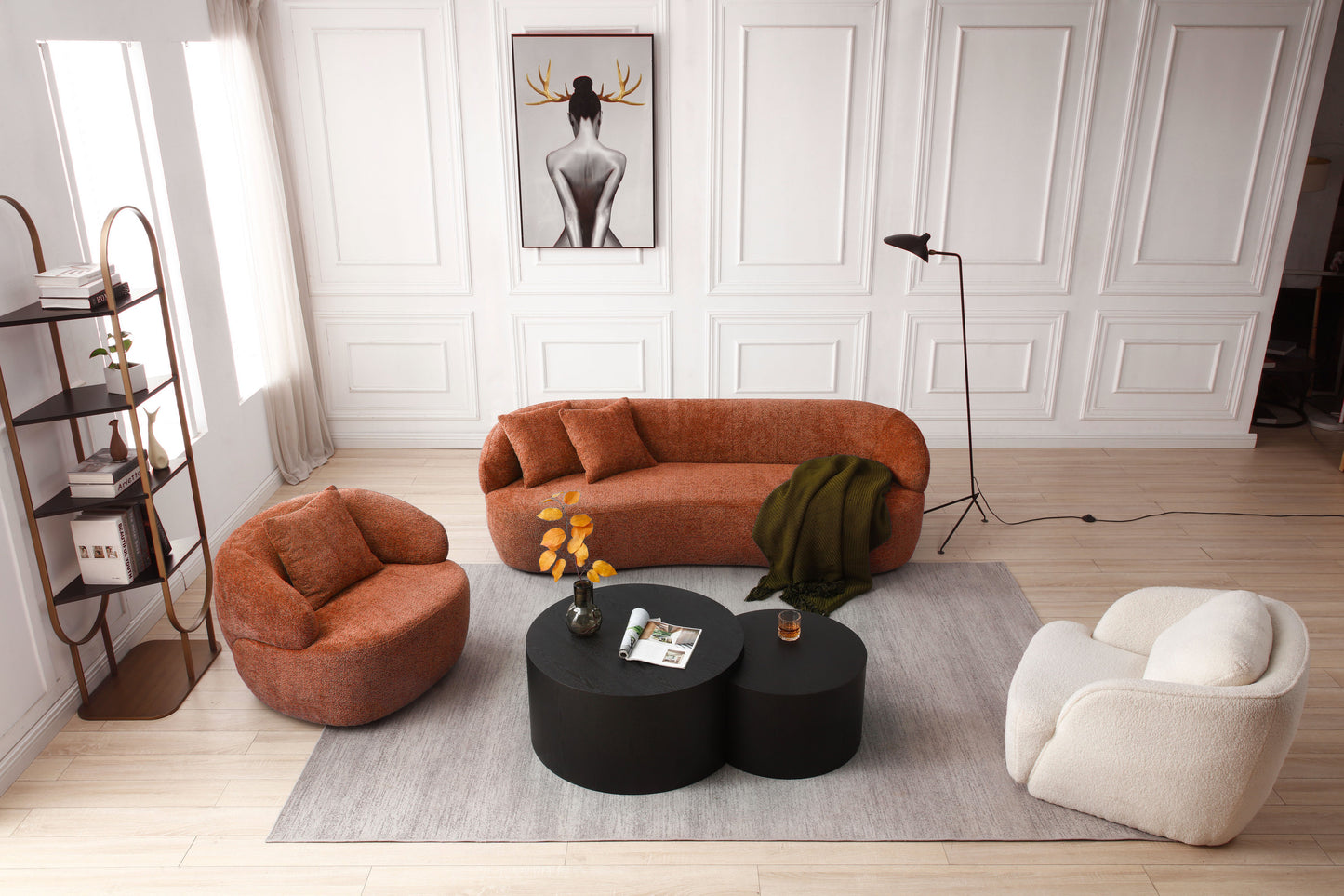 360° Swivel Barrel Mid-Century Modern Curved Chair, Boucle Orange