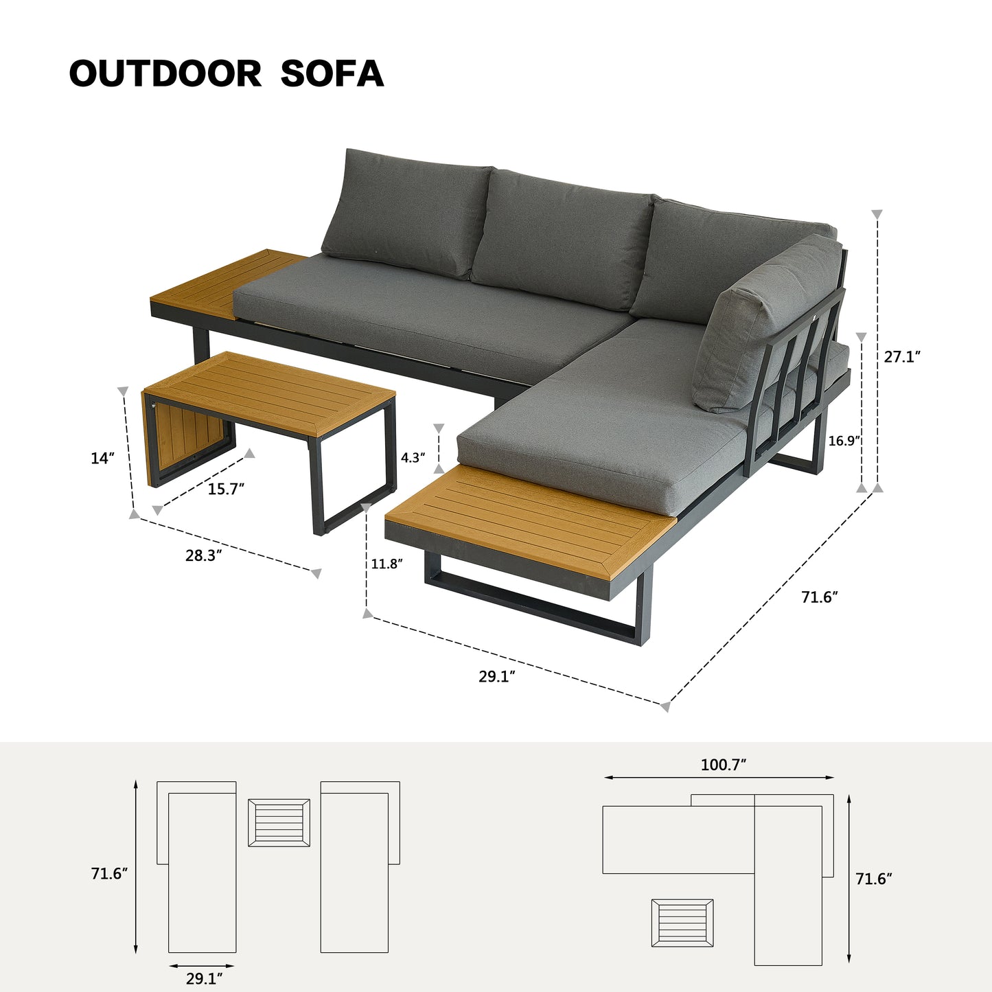Aluminum Patio Furniture Set, L-Shaped Sectional Sofa with Composite Wood Side Table and Soft Cushion