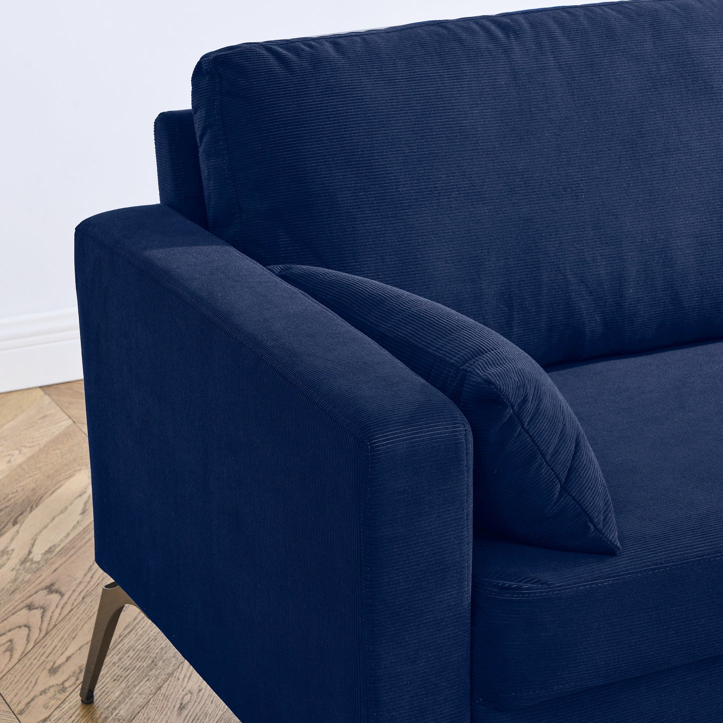 Corduroy 3-Seater Sofa with Square Arms, Two Accent Pillows - Navy