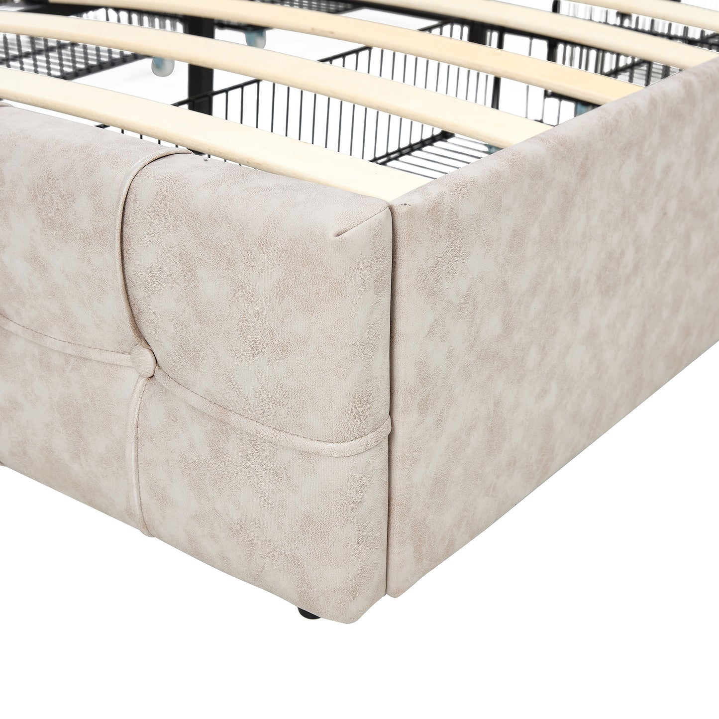 Beige Full Size Upholstered Platform Bed Frame with Adjustable Headboard and 4 Drawers Storage