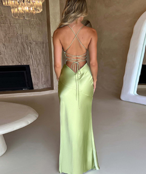 Green Satin Strap Back Long Slit Dress