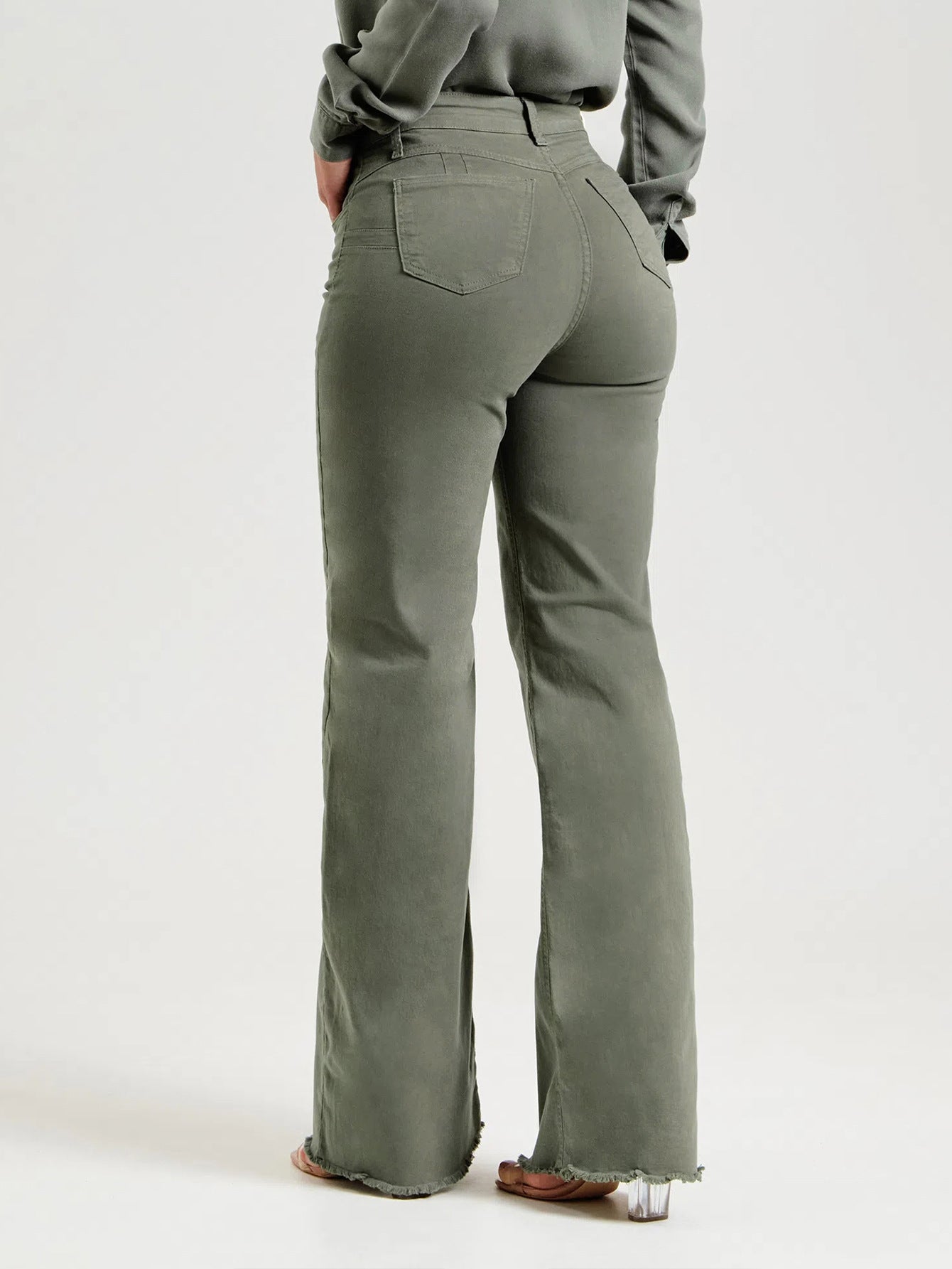 Women's Olive Green Frayed Edge Flare Jeans