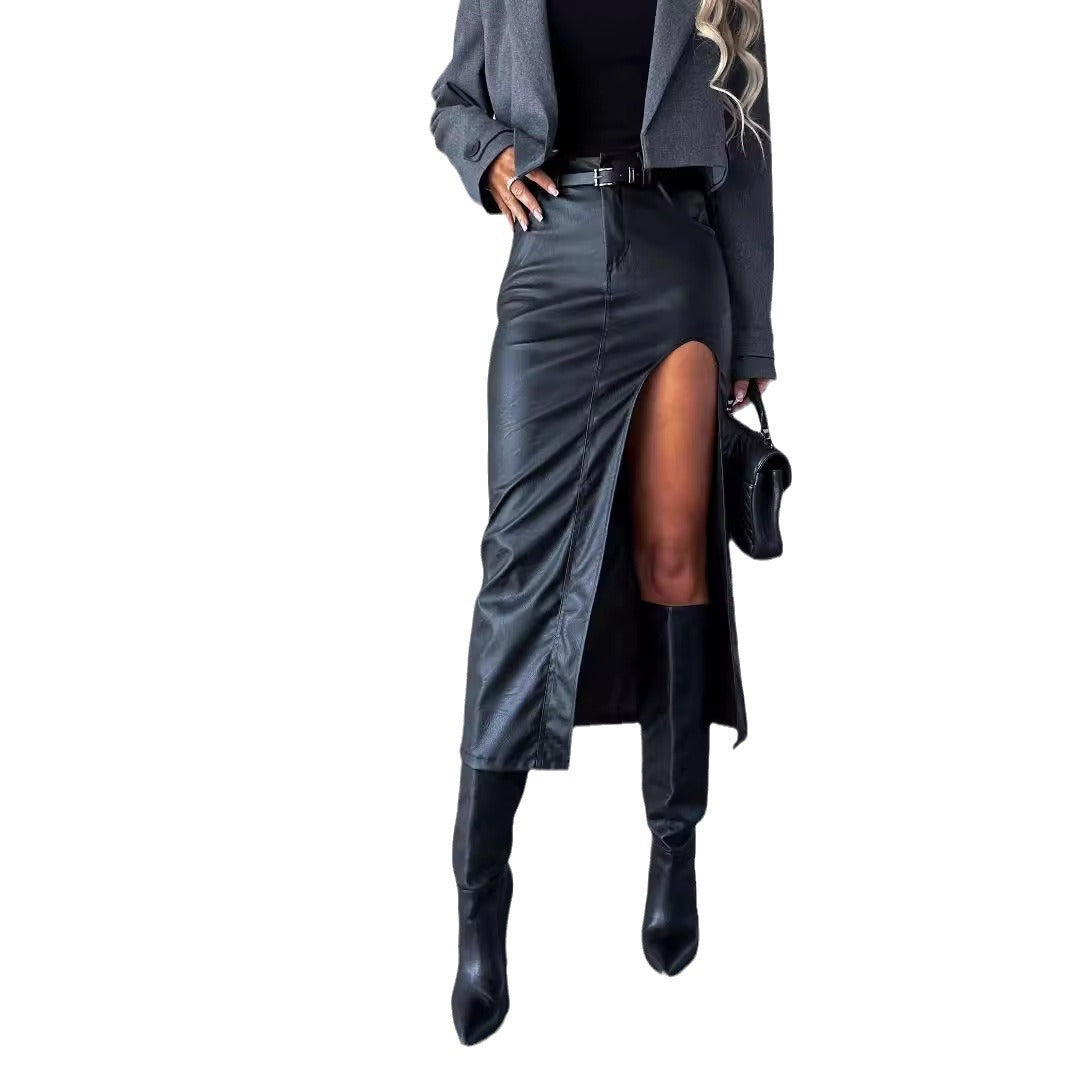 Features Wide Split Faux Leather Skirt