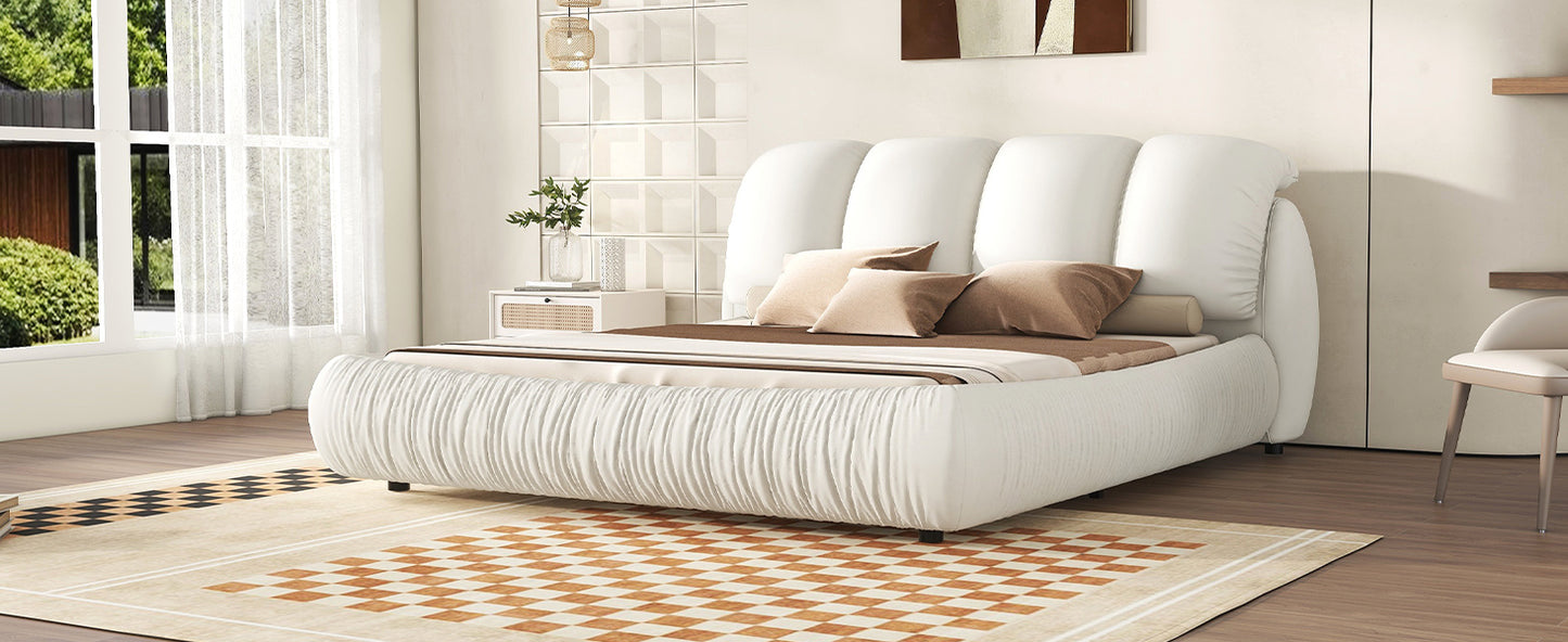 King Size Luxury Handmade Upholstered Leather Bed with Oversized Padded Backrest, White