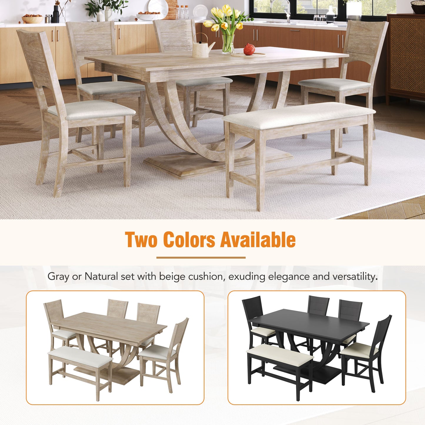 TOPMAX 6-Piece Wood Half Round Dining Table Set Kitchen Table Set with Long Bench and 4 Dining Chairs, Modern Style, Natural