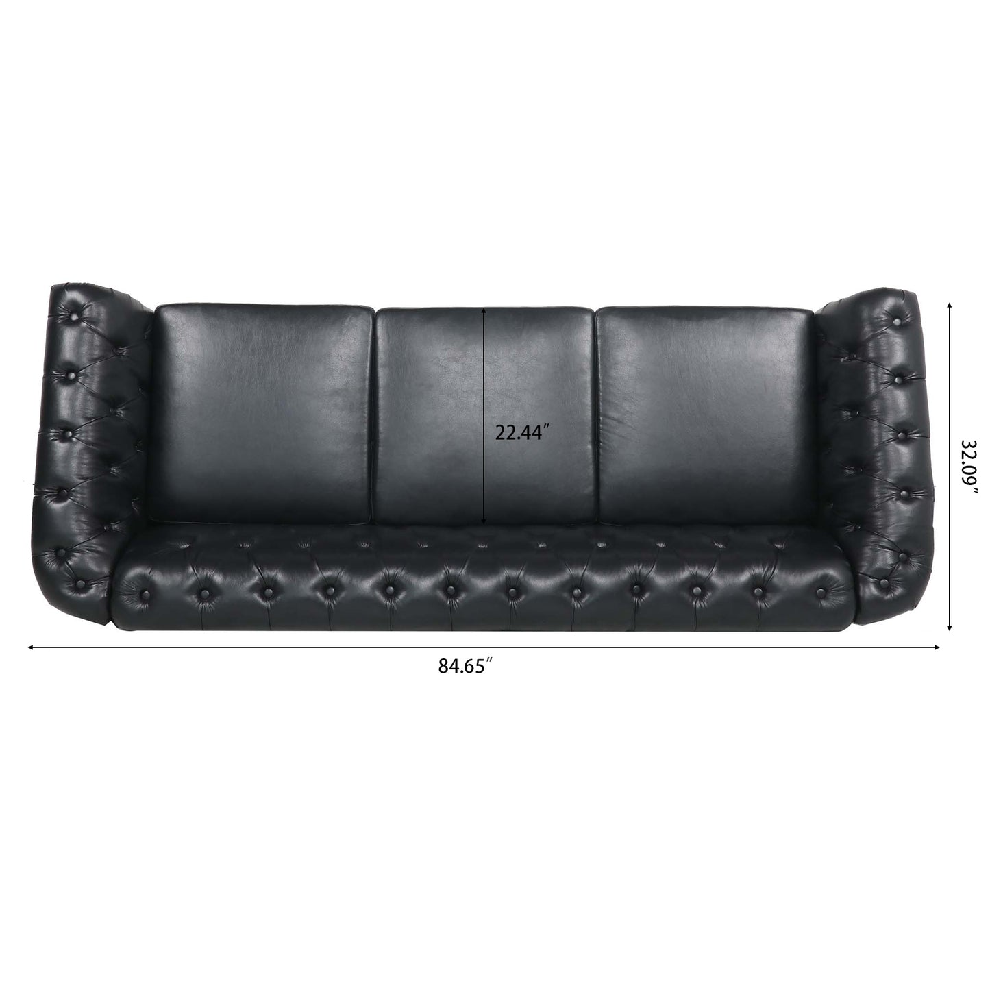 Black Leather Tufted Sofa with Nail Head Trim 84.65"