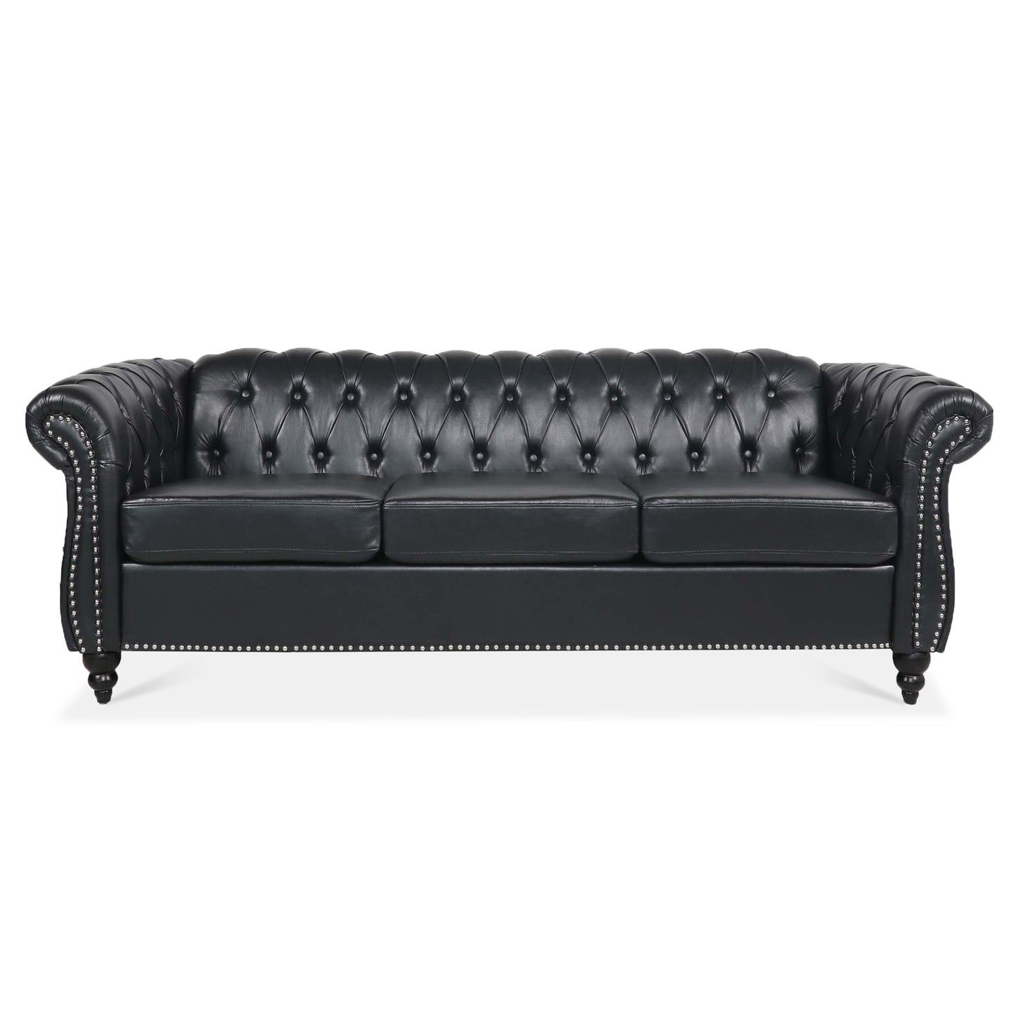 Black Leather Tufted Sofa with Nail Head Trim 84.65"