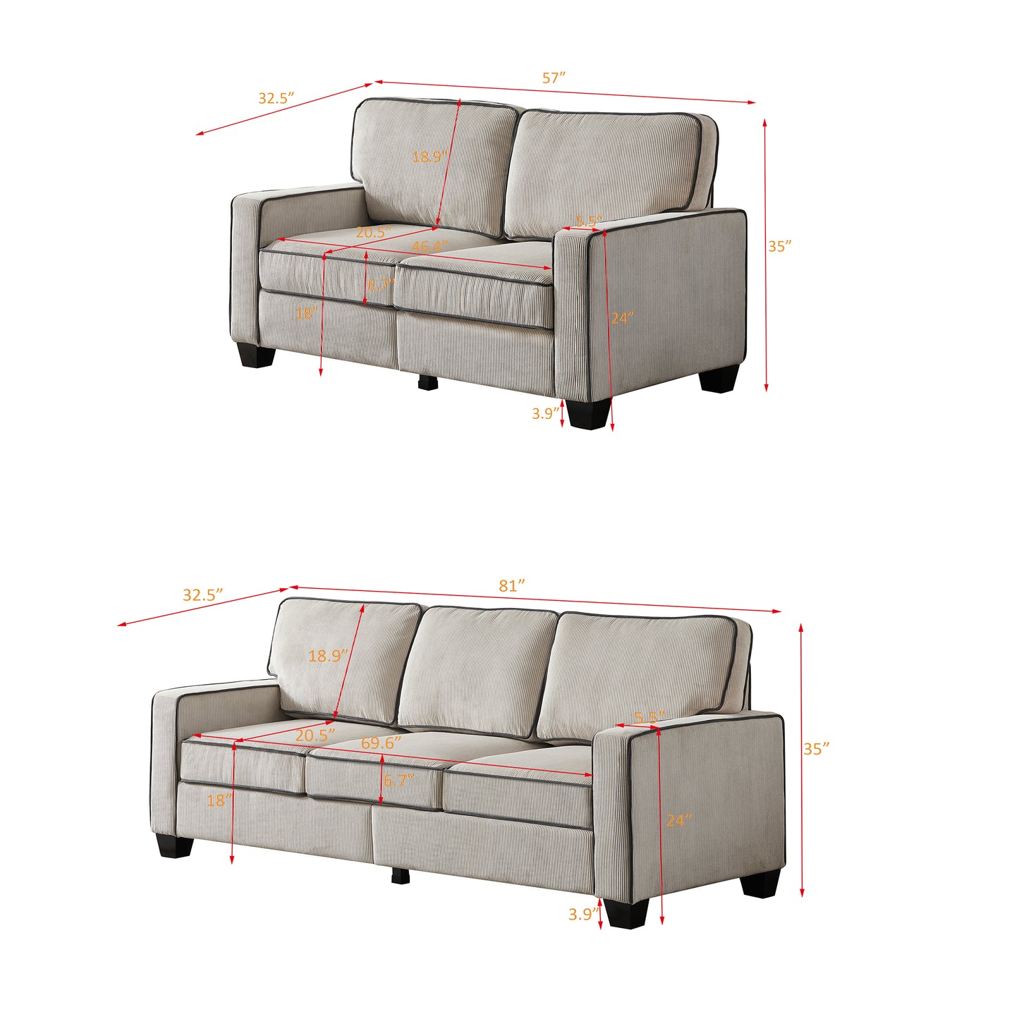 Wohnzimmer-Sofagarnitur 2+3-Sitzer mit Stauraum Beige Cord