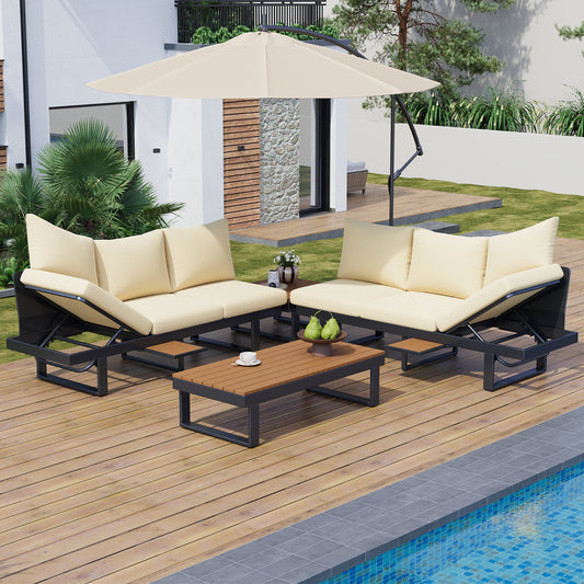 Outdoor Sectional Sofa Set Daybed with Adjustable Reclining Seats, Beige