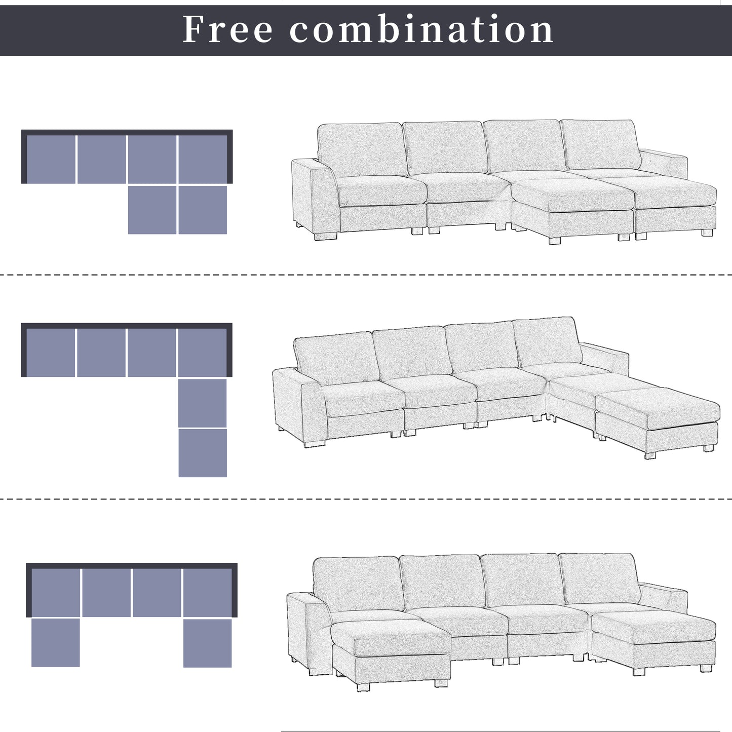 3 Piece U shaped Sofa with Removable Ottomans (Beige)