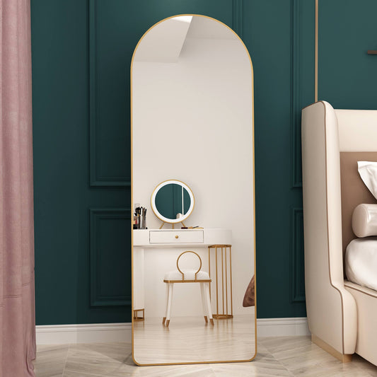 Arched Gold Metal Frame Floor Mounted Mirror