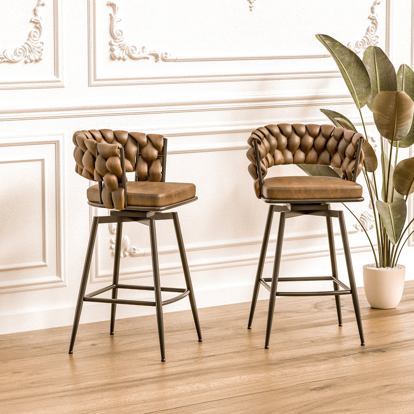 Woven Technical Leather Counter Bar Stool 360 Swivel- Set of 2 (Brown)