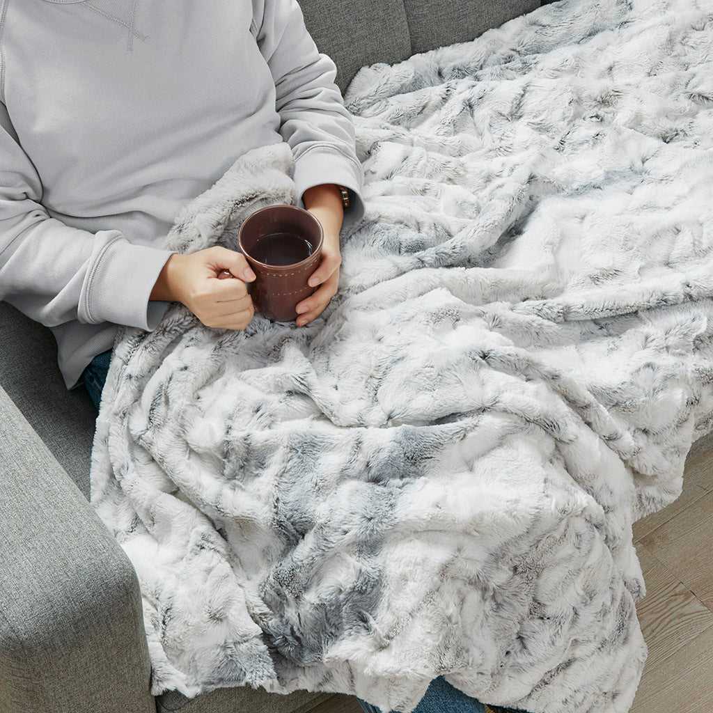 Oversized Faux Fur Throw Blanket - Gray/White