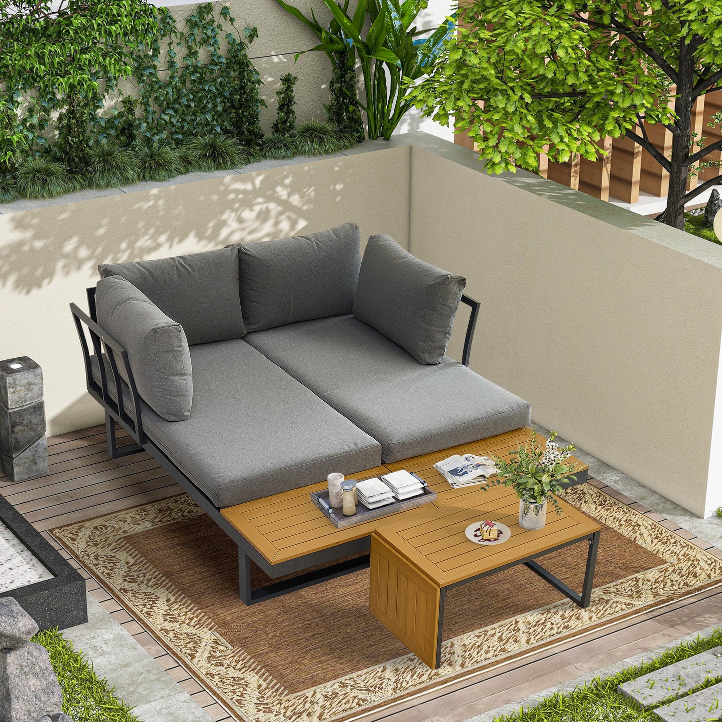 Aluminum Patio Furniture Set, L-Shaped Sectional Sofa with Composite Wood Side Table and Soft Cushion