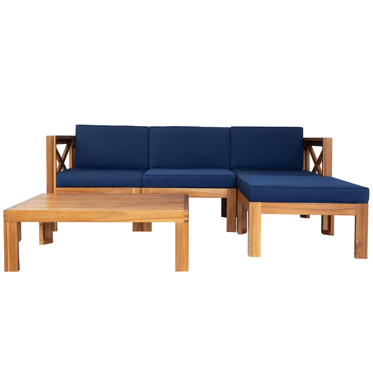5-Piece Wood Outdoor Sectional Sofa Patio Set with Blue Cushions